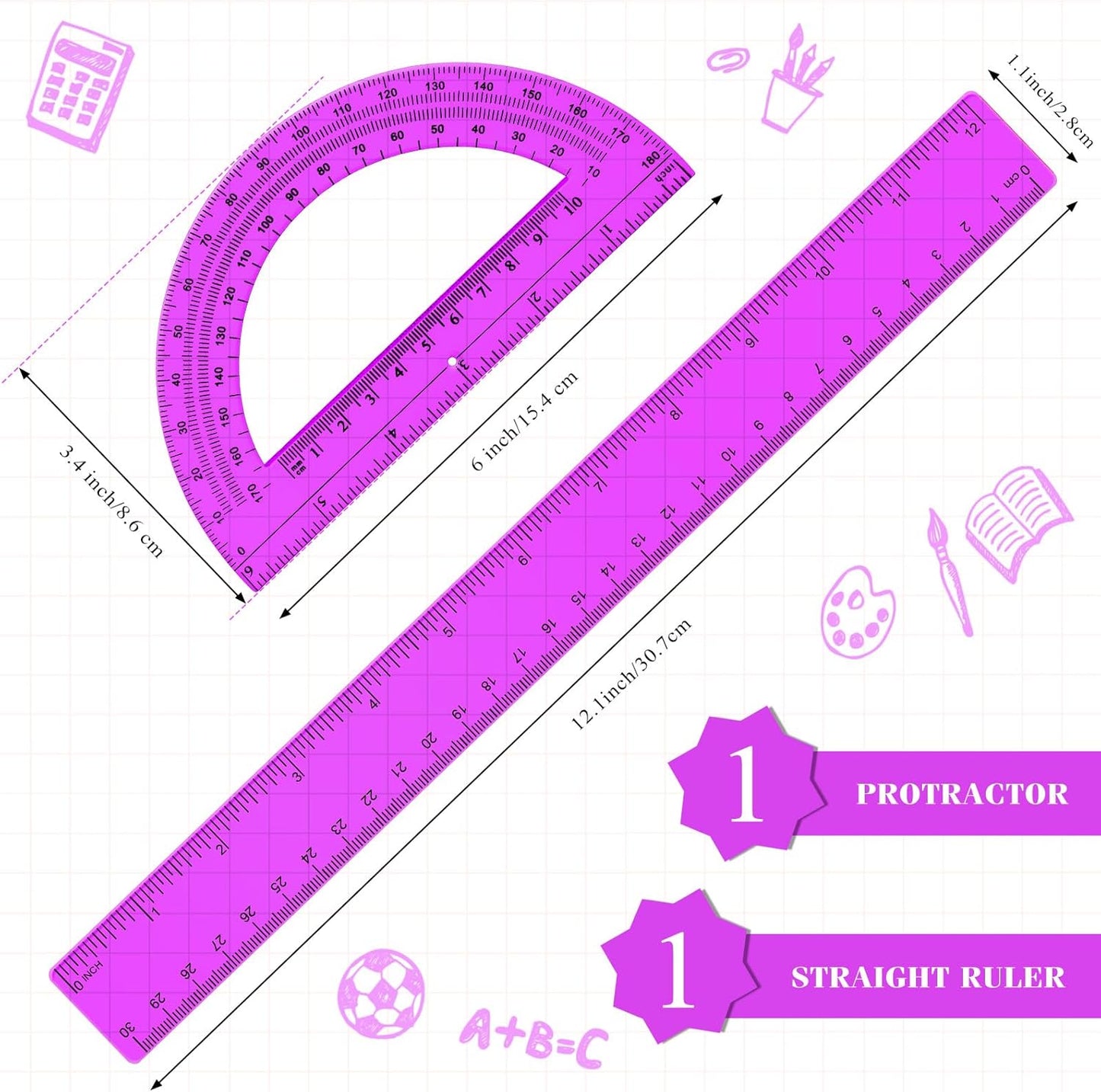Zonon 2 Pack 12'' Plastic Ruler and 6'' Plastic Protractor Set Clear Ruler Protractor Set Math Geometry Supplies for School Classroom Home Office Drawing(Purple)