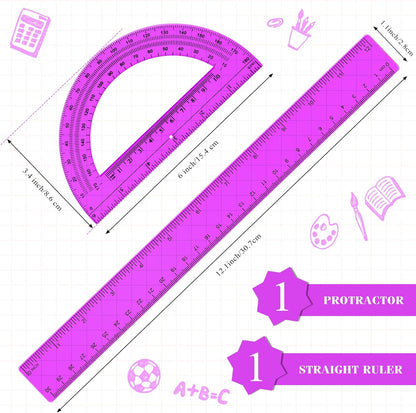 Zonon 2 Pack 12'' Plastic Ruler and 6'' Plastic Protractor Set Clear Ruler Protractor Set Math Geometry Supplies for School Classroom Home Office Drawing(Purple)