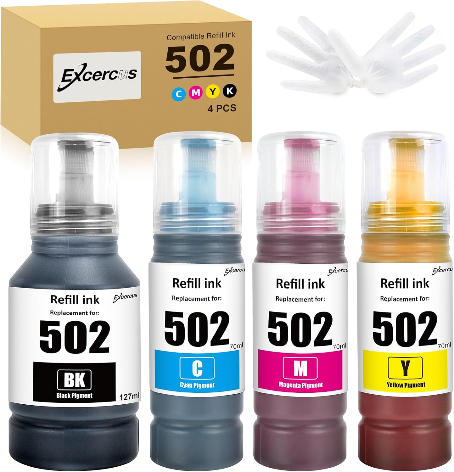 T502 502 Ink Refill Bottles Compatible for Ecotank ET2760 ET-4760 ET2750 ET-3760 ET-2850 ET-15000 ST-4000 ST-2000 ET-3710 ET-3850 ET-3750 ET-4850 ET-3830 ET4750 ET2700 Printers (BK C M Y)