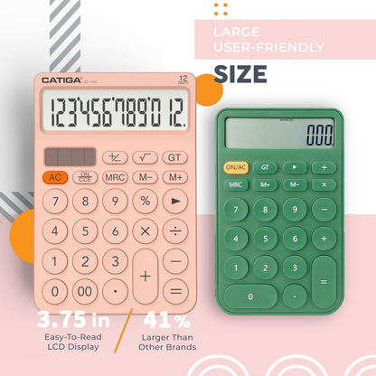 CATIGA 12 Digit Desktop Calculator Basic Desk Calculator with Large LCD Display, Big Buttons, 4 Function, Solar and Battery Dual Power, for Office, School, Home, SD-1292 Pink