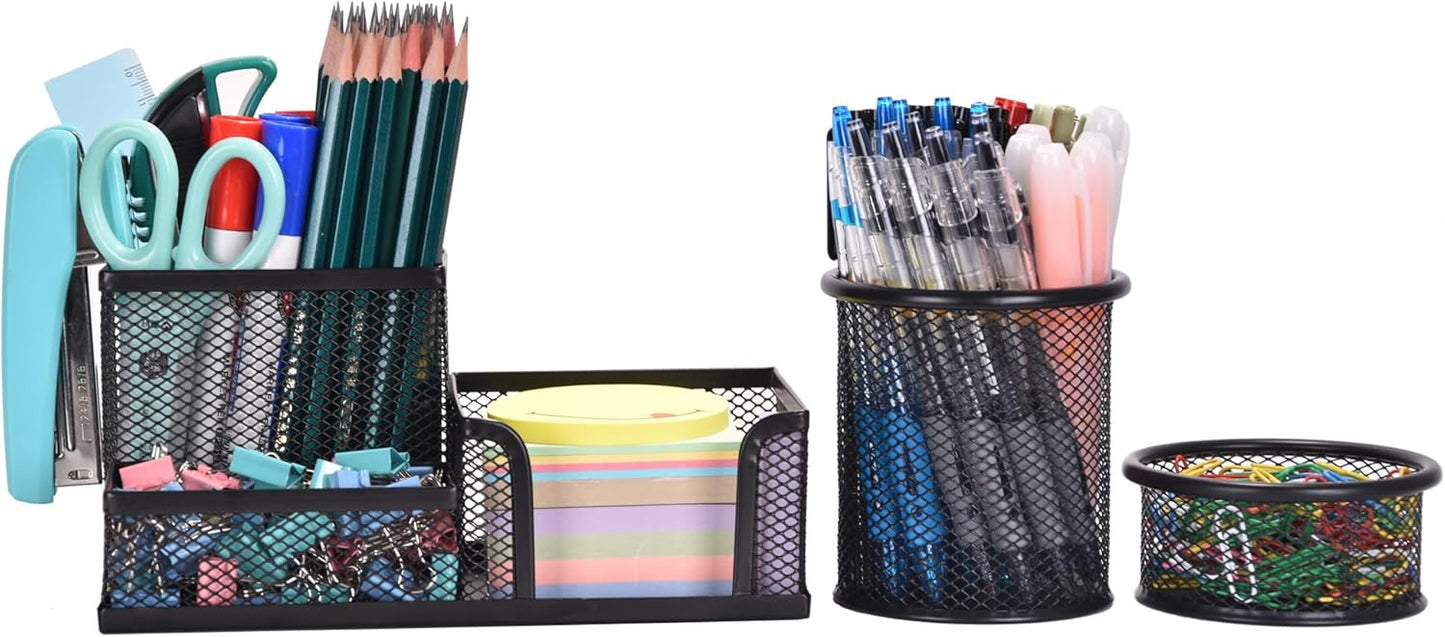 Mesh Desk Organizer, Set of 3 Pen Holder Office Desk Accessories with Pencil Holder Sticky Note Holder, Pencil Cup and Paperclips Cup