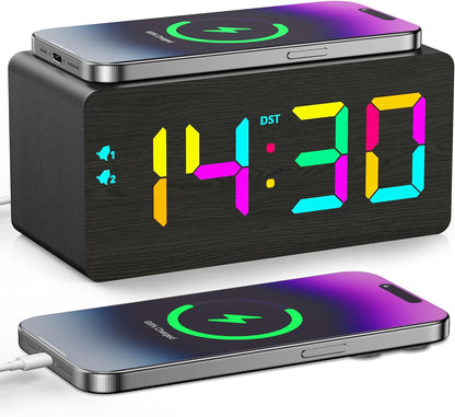 Wooden Digital Alarm Clock with Fast Wireless Charger, Dual USB Charging Ports, DST, Dimmable, Snooze, RGB Large Number Display LED Clock for Bedrooms, Living Room, Desk, Table, Bedside(Black)