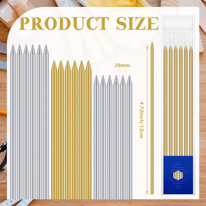 Spakon 60 Pcs 2.8mm Lead Refill Carpenter Construction Pencils Marker Lead Refills Dry Mechanical Woodworking Pencil Tools for Writing Drawing Drafting (Silver,Gold)