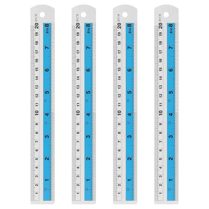 HARFINGTON 4pcs Metal Straight Ruler 20cm Metric SAE Aluminum Alloy Measuring Rulers Scale Tools with Hole for Measure Study Reading Classroom Office, Blue