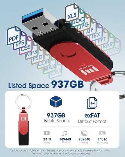 MOSDART 1TB USB3.1 Fast Speed C and A Dual Flash Drive, exFAT Memory Stick with Keychain and LED Indicator, for iPhone 15,16,17, Android Phone, iPad, MacBook, and Other Laptops, Red