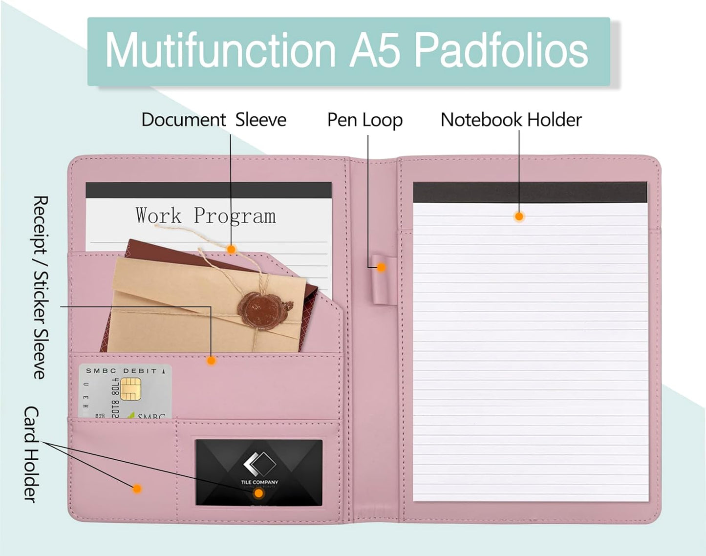 Leather Portfolio Binder 5 x 8, Mini Soft Leather Padfolio A5 Business Binder Legal Writing Pad Junior Size Document Organizer for Present Gift Kid Men Women Pink