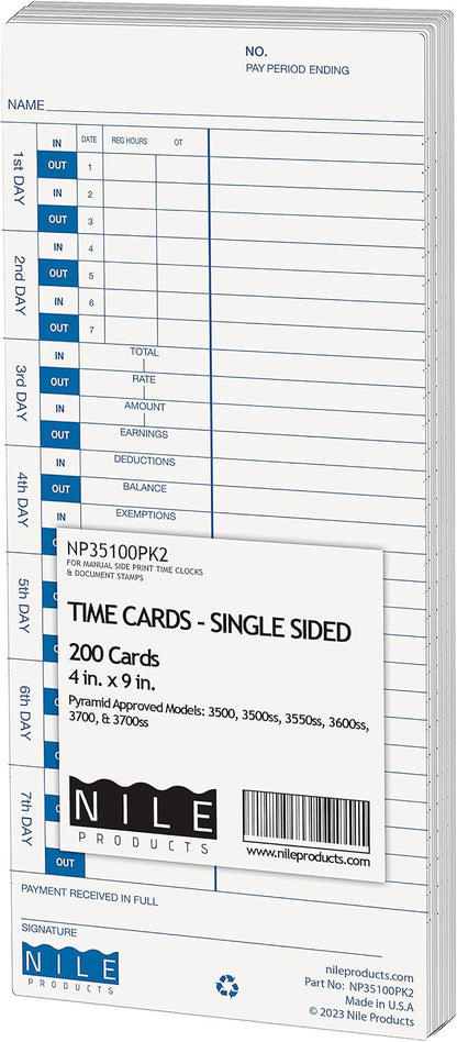 Nile Products - 200 Authorized Single Sided Time Cards for Pyramid Manual Side Print Timeclock and Document Stamp [ NP35100-PK2], Pyramid 35100-10 Compatible (4 W x 9 H Inches) - 200 Time Cards