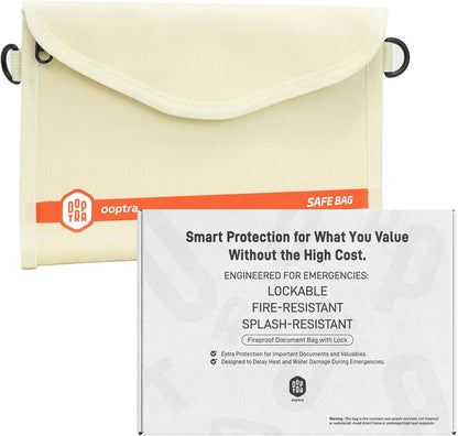 Fireproof Document Bag (Beige) – Waterproof Zipper – Lightweight & Portable – for Home, Office & Travel – Holds Files, Cash, Passport, Valuables – Fire & Water Resistant – with External Buckle