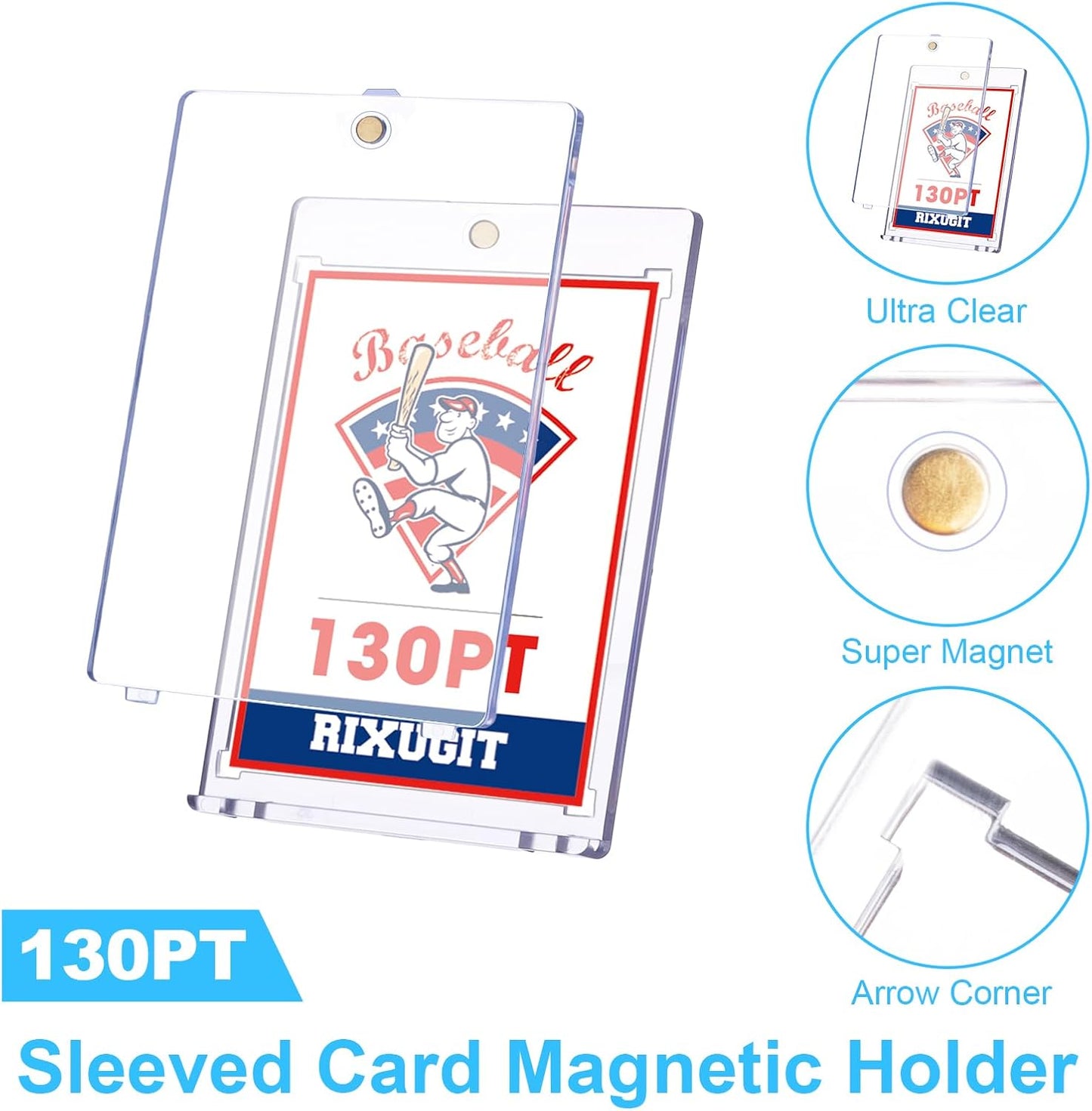 25-Pack One-Touch Magnetic Card Holders - 130PT Trading Card Protectors with Larger 2.63" x 3.70" Inner Dimensions, Fits Soft Card Sleeve on Card First, Then into Card Holder for Double Protection