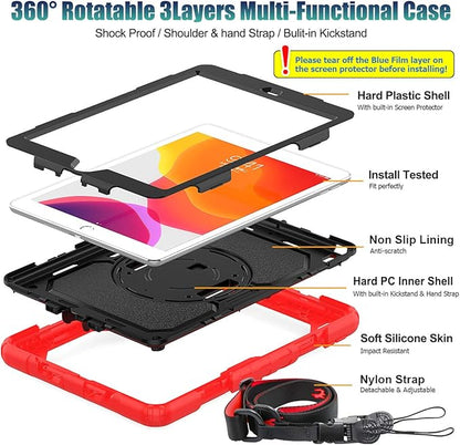 SEYMAC stock Case for iPad 9th/ 8th/ 7th Generation 10.2'', Shockproof with Screen Protector, Pencil Holder [360° Rotating Hand Strap] & Stand, for iPad 10.2 inch 2021-2019 (SiliconeRed+Black)