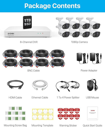 ZOSI C303 8CH Home Security Camera System with Audio, Person Vehicle Detection, Night Vision, Light & Sound Siren, 8pcs 1080P Outdoor Cameras, 8CH 3K Lite H.265+ DVR with 1TB SSD for 24/7 Recording