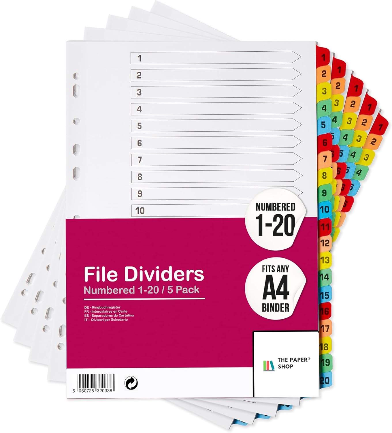 Binder Dividers with Tabs 1-20 Numbered – A4 (5 Pack) | Dividers for 3 Ring Binder | Numbered Tab Dividers for Office, School & Home Organization - The Paper Shop