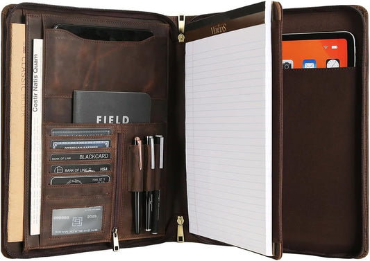Handmade Genuine Leather Portfolio Organizer for IPad/Document, Business Padfolio with A4 Leather Notepad Holder, Leather Compact Folder Conference Portfolio for Men and Women, Dark Khaki