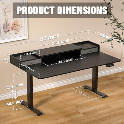 63 x 30 Inch Electric Standing Desk with 2 Drawers, Adjustable Height Widened Stand Up Desk with Storage, Sit to Stand Ergonomic Workstation for Home Office, Classic Black