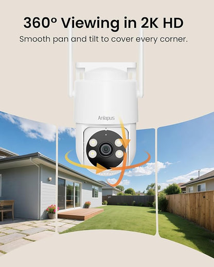 Anlapus 4 x C281 3MP 2K Security WiFi Camera Outdoor, 360° Pan/Tilt Wired Security Camera, AI Detect, Auto Track, Color Night Vision, 2-Way Talk, 2.4/5GHz, Light Siren Alarm, Cloud/Memory Card Storage