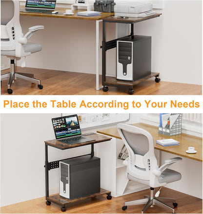 Computer Tower Stand with Charging Station, Height Adjustable 2-Tier CPU Stand with Power Strip and USB Ports, PC Tower Cart with Wheels and Printer Shelf, Rustic Brown and Black