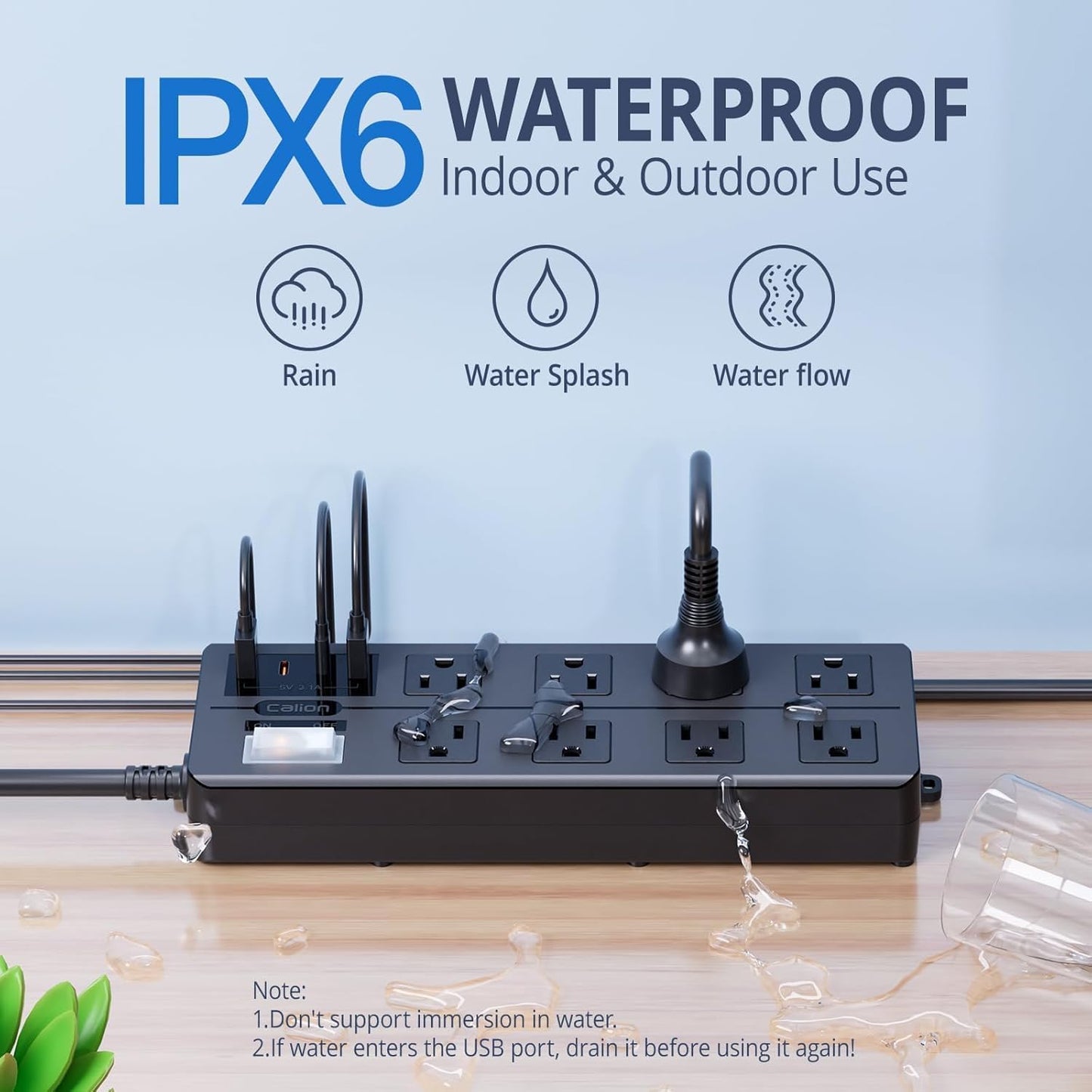 IPX6 Outdoor Power Strip Weatherproof, Waterproof Surge Protector with 8 Wide Outlet with 2A2C USB Ports, 10FT Long Extension Cord, Wall Mountable for Outside Decorations and More UL Listed(Black)