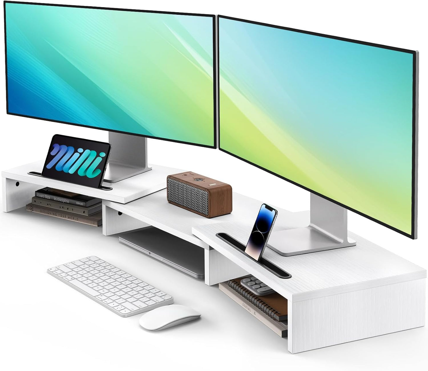 AMERIERGO Dual Monitor Stand Riser- 3 Shelf Screen Stand with Adjustable Length and Angle, 2 Extra Functional Slot Desktop Organizer Stand for PC, Computer, Laptop (White)