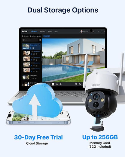 ZOSI C291 2 x 2.5K 4MP Wireless Battery Security Camera Outdoor, Solar Powered Pan/Tilt Camera, 360 View, PIR Human Detect, Color Night Vision, 2-Way Talk, Light Siren Alarm, 32GB Memory Card