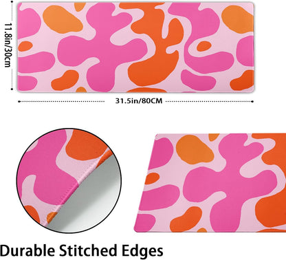 Pink Orange Cute Gaming Mouse Pad XL Kawani Preppy Abstract Modern Geographic Extended Large Desk Mat Mousepad Non-Slip Rubber Base Stitched Edge Long Desk Pad for Desktop Office PC,31.5×11.8 Inch