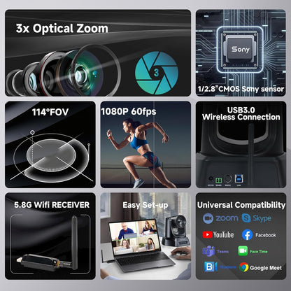 5.8GHz Wireless Conference Room Webcam, Church Live Streaming 3X USB 1080P 60fps PTZ Camera for Worship Services Online Conference, Works with Zoom, OBS Easy to Set Up