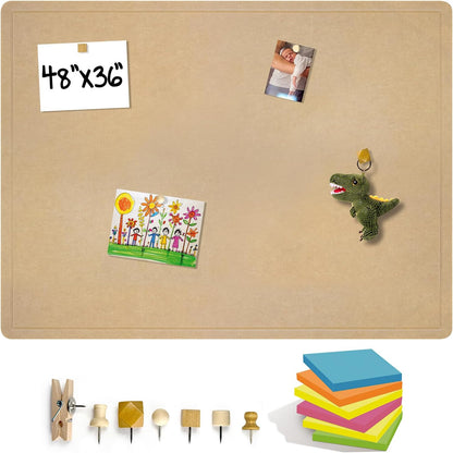 Large Bulletin Board 48 x 36 Inches - Foldable Felt Bulletin Board for Wall, Cork Board Alternative with 57 Wood Pins & 6 Note Pads, Vision Board - Khaki
