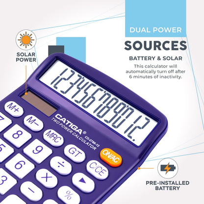 Desktop Calculator 12 Digit with Large LCD Display and Sensitive Button, Solar and Battery Dual Power, Standard Function for Office, Home, School, CD-2786 (Purple)