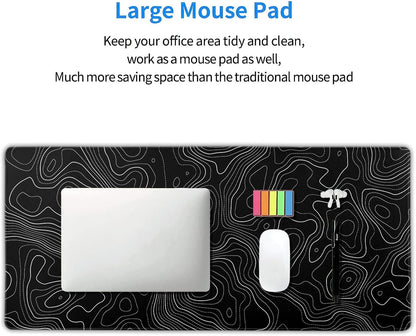 Topographic Contour Black Gaming Mouse Pad XXL Topo Geographic Map Lines Extended Large Mouse Pad Big Desk Mat Non-Slip Rubber Base Stitched Edge Long Mousepad for Desktop Office Desk,35.4 x 15.7 in