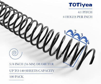 TOTiyea 100 Pack Plastic Spiral Binding Coils,16mm(5/8") Binding Spirals,140 Sheet Capacity,4:1 Pitch, Black