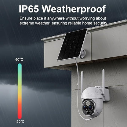 Dual-Lens Solar Security Cameras Wireless Outdoor, 360° View 10X Zoom WiFi Cameras for Home Security with PIR Detection, 2-Way Audio, IP65 Waterproof Spotlight Siren Alarm, SD/Cloud Storage