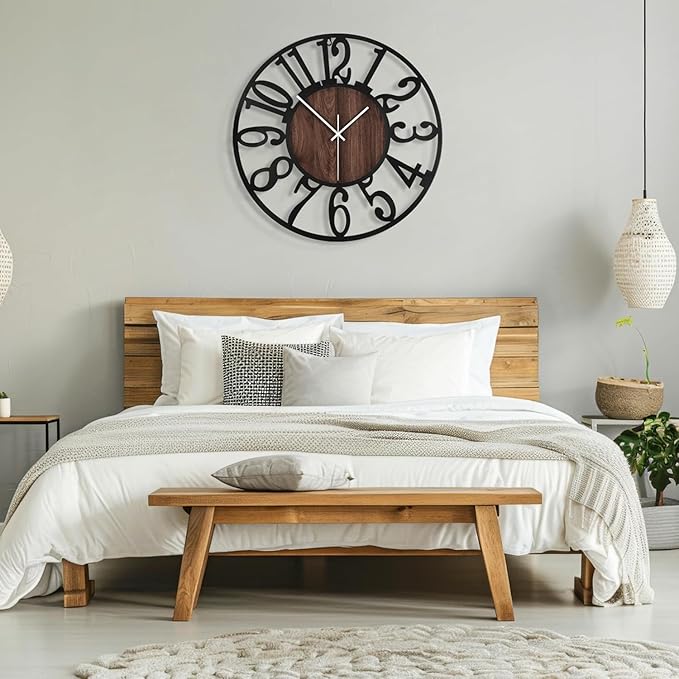 Maxstar Large Round Wall Clock for Living Room Decor Battery Operated Non Ticking Black Metal Wood Clocks for Home Living Room Garden Farmhouse Office Kitchen Decoration -24 inch