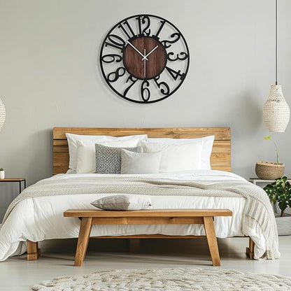 Maxstar Large Round Wall Clock for Living Room Decor Battery Operated Non Ticking Black Metal Wood Clocks for Home Living Room Garden Farmhouse Office Kitchen Decoration -24 inch