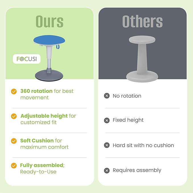 Wobble Stool for Kids Ages 7–12; Adjustable Height Wobble Stools for Classroom Seating with Soft Cushion; Flexible Wiggle Chair for Focus and ADHD Support + Bonus Visual Timer (Sky Blue)
