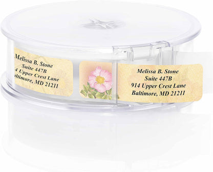 Antique Floral Designer Assorted Rolled Address Labels with Elegant Plastic Dispenser