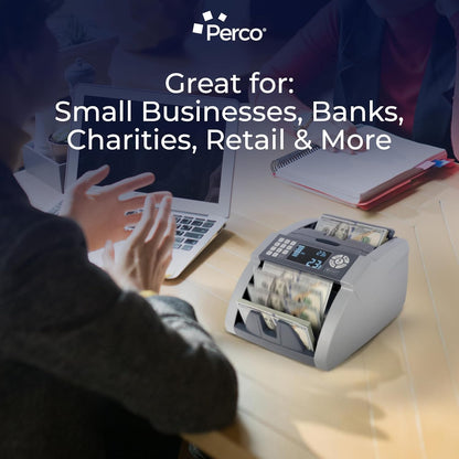 Perco Bill Counter and Counterfeit Detector Machine – Money Counter Machine with UV/MG1/MG2/IR, Voice Alerts, Keypad, Add & Batch Modes, Volume Control, Multi-Currency (USD/EUR/INR), LCD Display