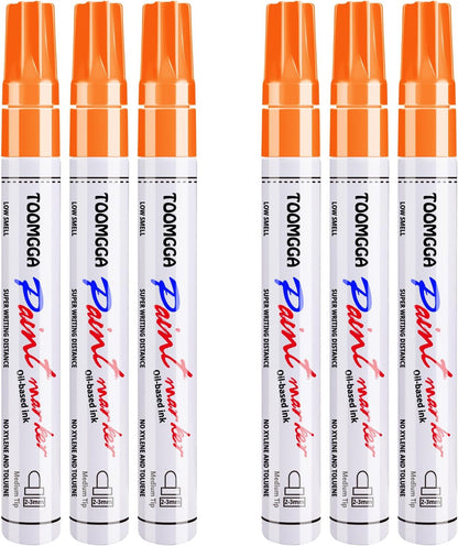 Orange Permanent Paint Pens - 6 Pack Oil Based Paint Markers, Pens For Rock Painting Car Tyre Metal, Plastic, Canvas, Mugs, Wood, Glass, Quick Drying and Waterproof, Medium Point