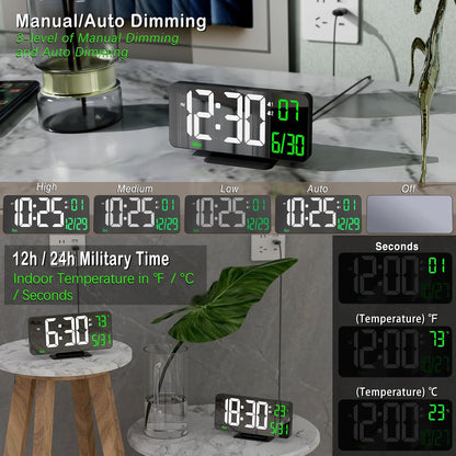 KOSUMOSU Desk Clock 6.7in Black Digital Alarm Clock with Dual Alarm, Dimming, Date, Day of Week, Temp, 12h 24h, Digital LED Clock for Table Decor, Digital Calendar Mirror Clocks Essentials