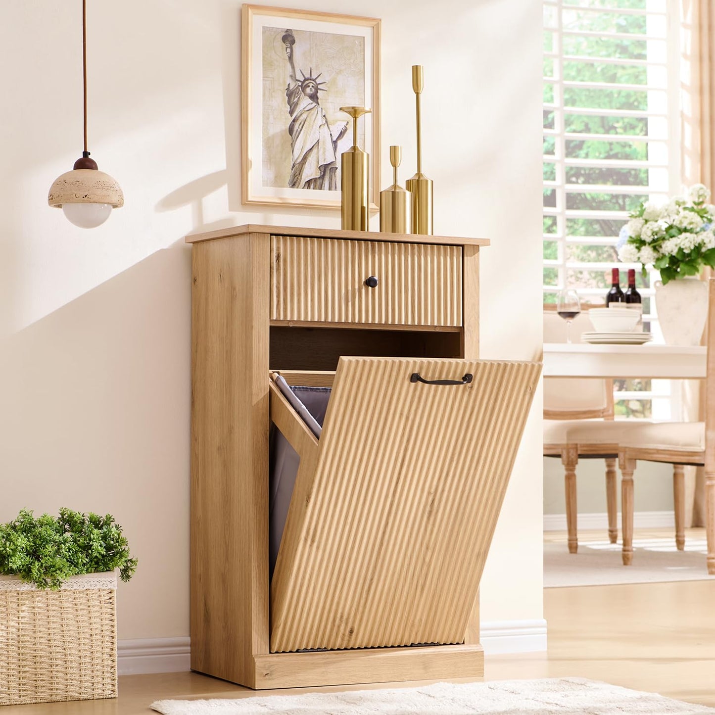 Modern Tilt-Out Trash Can Cabinet, 10 Gallon Fluted Laundry Hamper Cabinet with Drawers, Wooden Hidden Garbage Can Cabinet w/Storage Basket, Free Standing for Kitchen & Living Room,Natural Oak