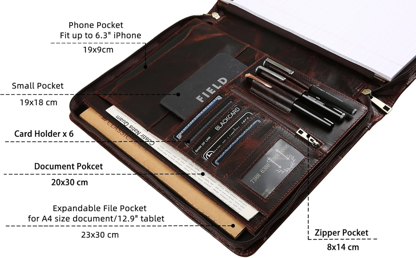 Personalized Leather Portfolio Organizer for IPad/Document, Business Padfolio with A4 Leather Notepad Holder, Custom Leather Compact Folder Conference Portfolio for Men and Women, Oil-Red Brown