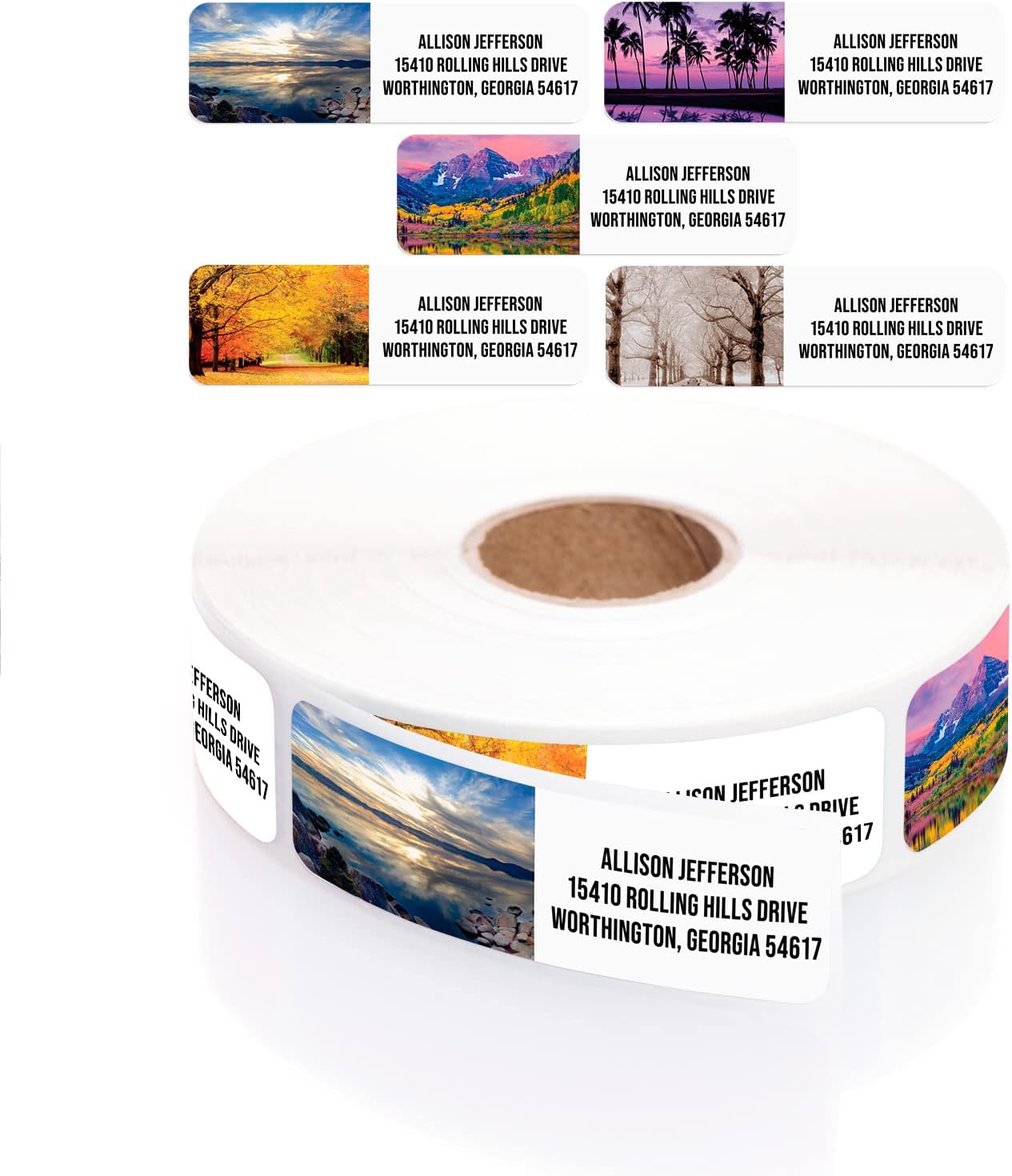 Scenic Landscape Rolled Address Labels / 500 Personalized Return Address Labels/Designer Address Stickers in Elegant Plastic Dispenser