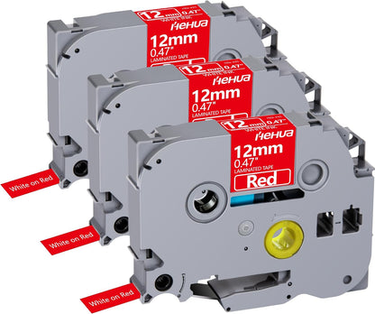 Hehua Tze Tz Tape 12mm 0.47 Laminated Red Compatible for Brother P-Touch TZe-435 TZe435 TZ-435 TZ435 Tape for Ptouch PT D210 D200 D220 D610, 1/2'' x 26.2ft White on Red, 3 Pack