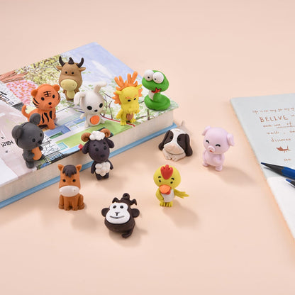 12 Pack Animal Erasers for Kids, 3D Puzzle Eraser for Boys Girls, Chinese Zodiac Erasers for School Supplies Prize Gifts Party Favors