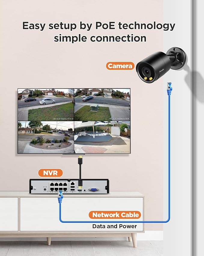 Security Camera System PoE, 4X 4MP Wired Bullet IP Cameras Outdoor Built-in Microphone, AI Human Vehicle Detection, 5MP 8CH NVR with 2TB HDD, Smart Color Night Vision, Black, PB38F30408-4MD
