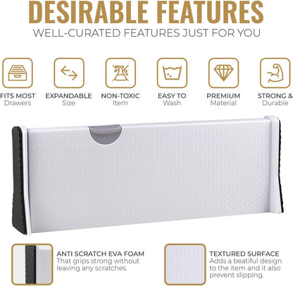 RAPTUROUS 4" Tall Drawer Dividers, 8-Pack, 11-17" Long, Expandable & Adjustable, Strong & Sturdy Non-Slip Dividers for Dresser, Closet, Kitchen, Nursery, and Office (White)