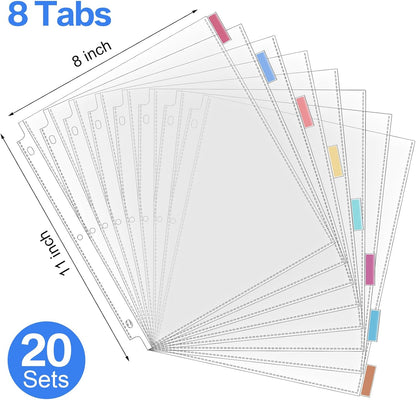 ReliThick 20 Set of 160 Pack Clear Sheet Protectors 8.5 x 11 Inch Page Protector for 3 Ring Binder with 8 Tabs Plastic Dividers for 3 Ring Binder, Insertable Index Page Divider Multicolor Tabs