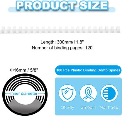 PATIKIL 16mm (5/8") Plastic Binding Combs, 100 Pcs 21 Rings Comb Binding Spines 120 Sheet Capacity Letter Size for Binding Paper Sheets Notebook Calendar Picture Album, White