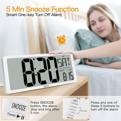 XREXS Large Digital Wall Clock with Backlight, 16.9 Inch Jumbo LCD Screen with Time/Calendar/Temperature Display, Alarm Clocks for Bedroom Home Decor, Count Up & Down Timer (Batteries Included)