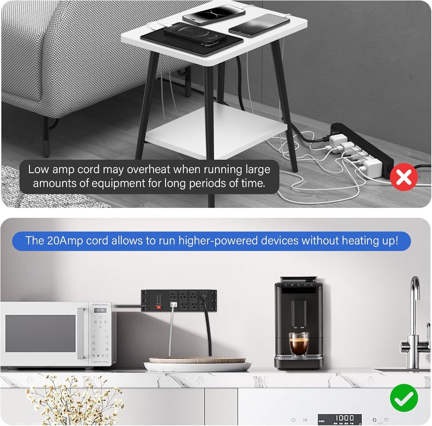 CCCEI 2PCS Heavy Duty Power Strip Surge Protector 20 AMP, 8 Outlets 12 Gauge Shop Garage Metal Multiple Outlets, 6 FT Extension Cord 5-15P Adapter High Amp 6-20R T-Slot 20a for Appliance Black.