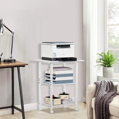 Lerliuo 3-Tier Printer Stand, Industrial Mobile Printer Table with Storage Shelf and Steel Frame, Rolling Printer Cart Holder with Lockable Wheels for Home, Office (White)