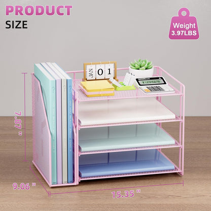 Marbrasse Desk Organizer and Accessories，4-Tier Paper Letter Tray Organizer with File Holder，Desk Accessories & Workspace Desktop Organizers for School Home Office Supplies (Pink)